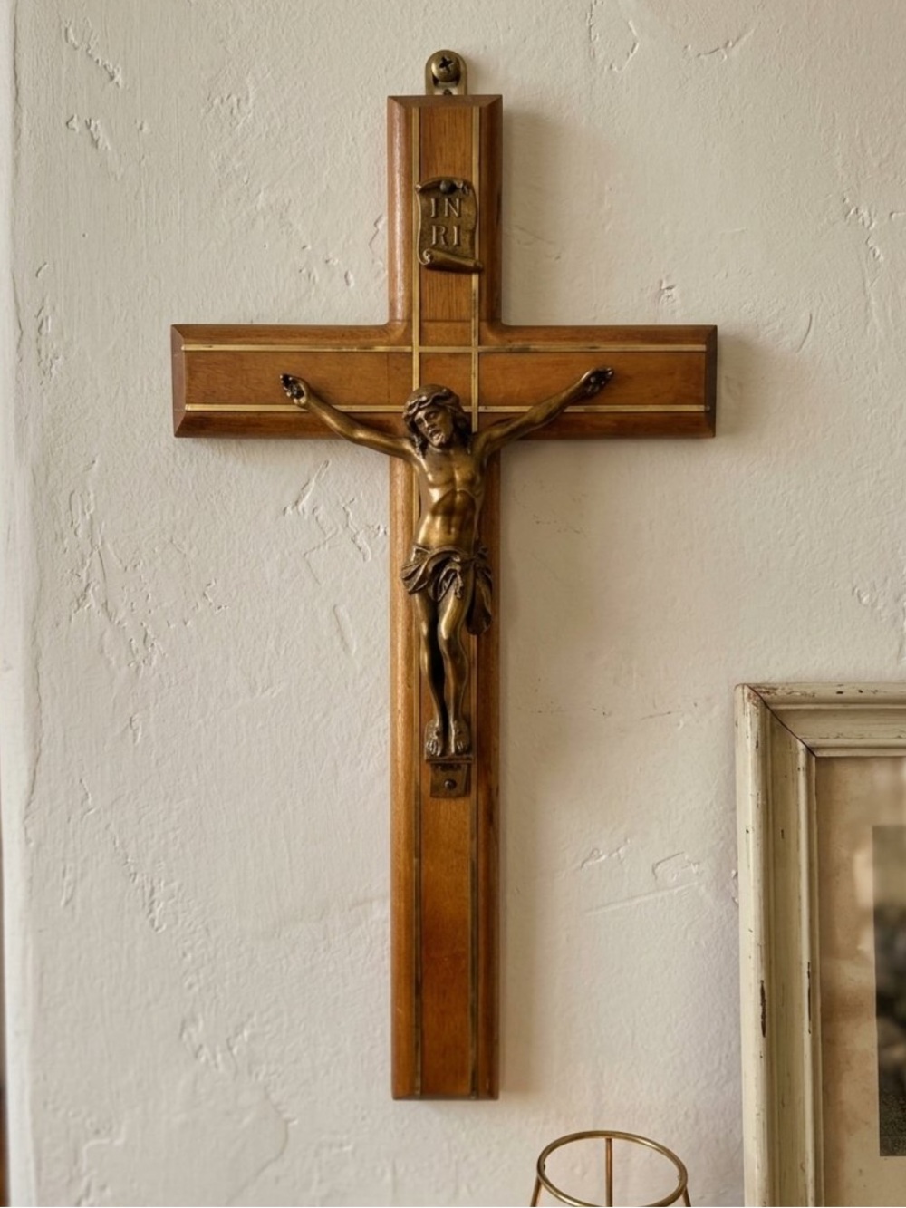 Vintage Wood Wall Crucifix with Brass Corpus